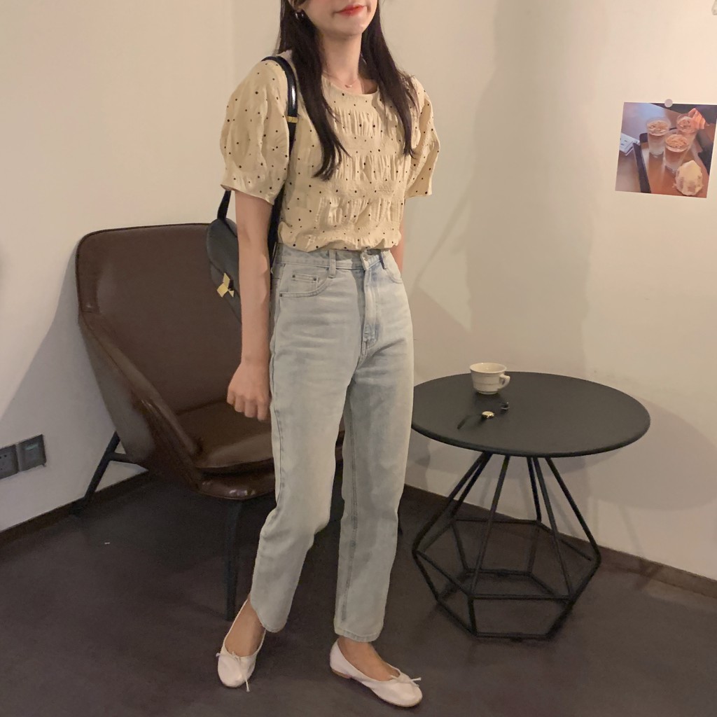 Áo kiểu nữ Chấm bi nhỏ Phong cách Retro Ngắn tay Tay phồng Ulzzang Hàn Quốc Áo kiểu Mùa Hè Cổ tròn Form rộng