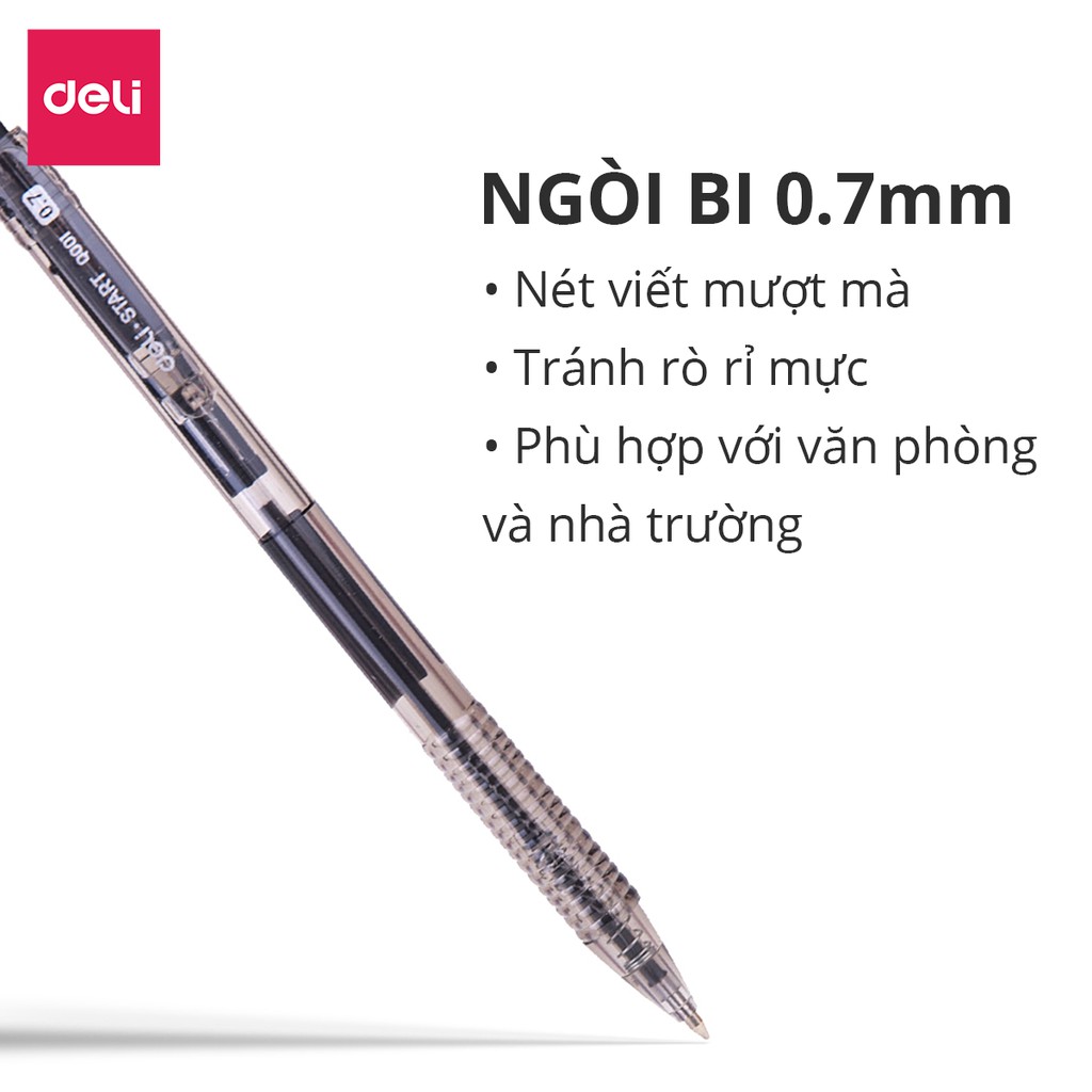 Bút bi văn phòng mực xanh đen đầu bấm ngòi 0.7mm Deli nét viết đều thiết kế đệm tay cao su chống trượt chất lượng cao