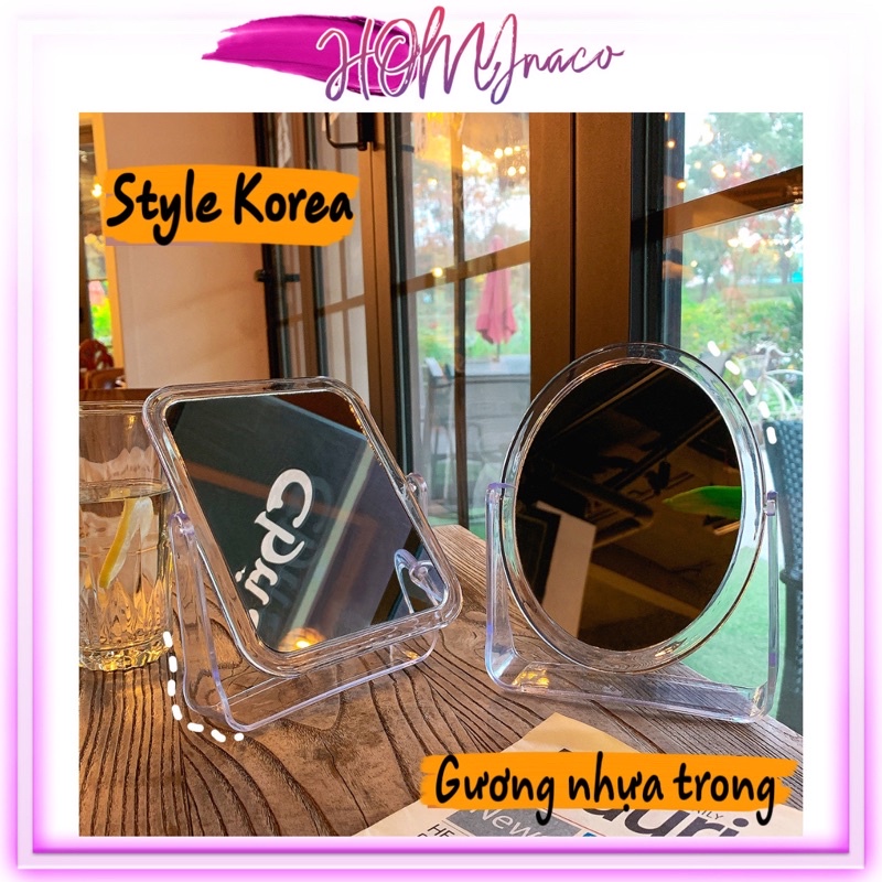 [Korea Style hơi bị xịn] Gương nhựa 2 mặt xoay 360 độ - Gương trang điểm nhựa trong suốt phong cách Sành điệu