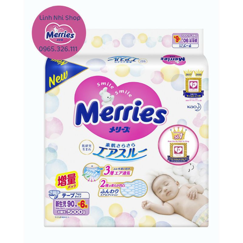 Bỉm Merries dán Newborn (NB90 + 6) cộng miếng (90 + 6 miếng cho bé <5kg hoặc từ 0-2 tháng tuổi)