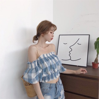 Áo ulzzang croptop trễ vai hoạ tiết caro