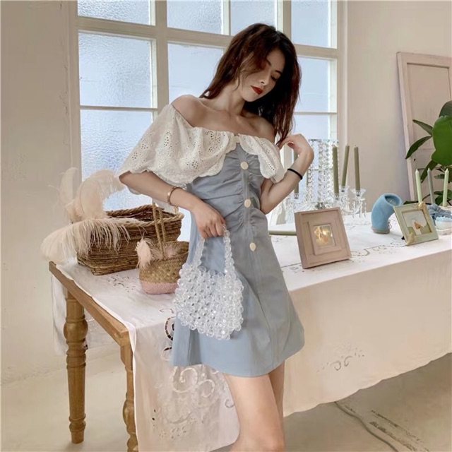 Đầm trễ vai nút phối ren