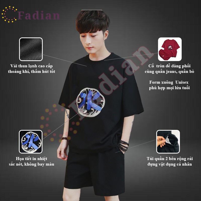 Đồ bộ nam, set quần áo thể thao nam nữ mặc nhà dáng Unisex form rộng tay lỡ, vải thun lạnh phối hoạ tiết THUỶ HOẢ THỔ | BigBuy360 - bigbuy360.vn