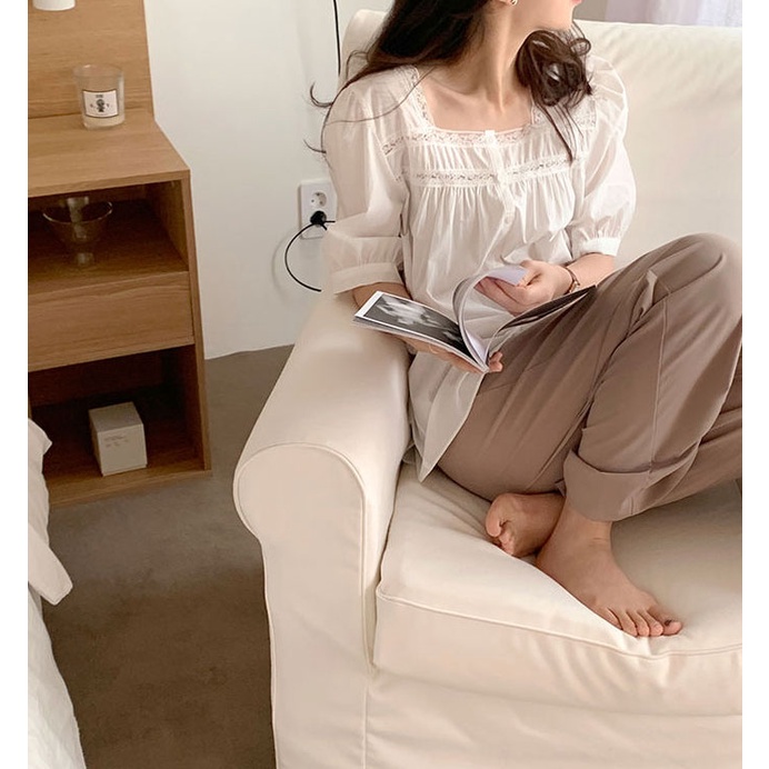 Áo Sơ Mi Trơn Ngắn Tay Phối Ren Xinh Xắn 48836