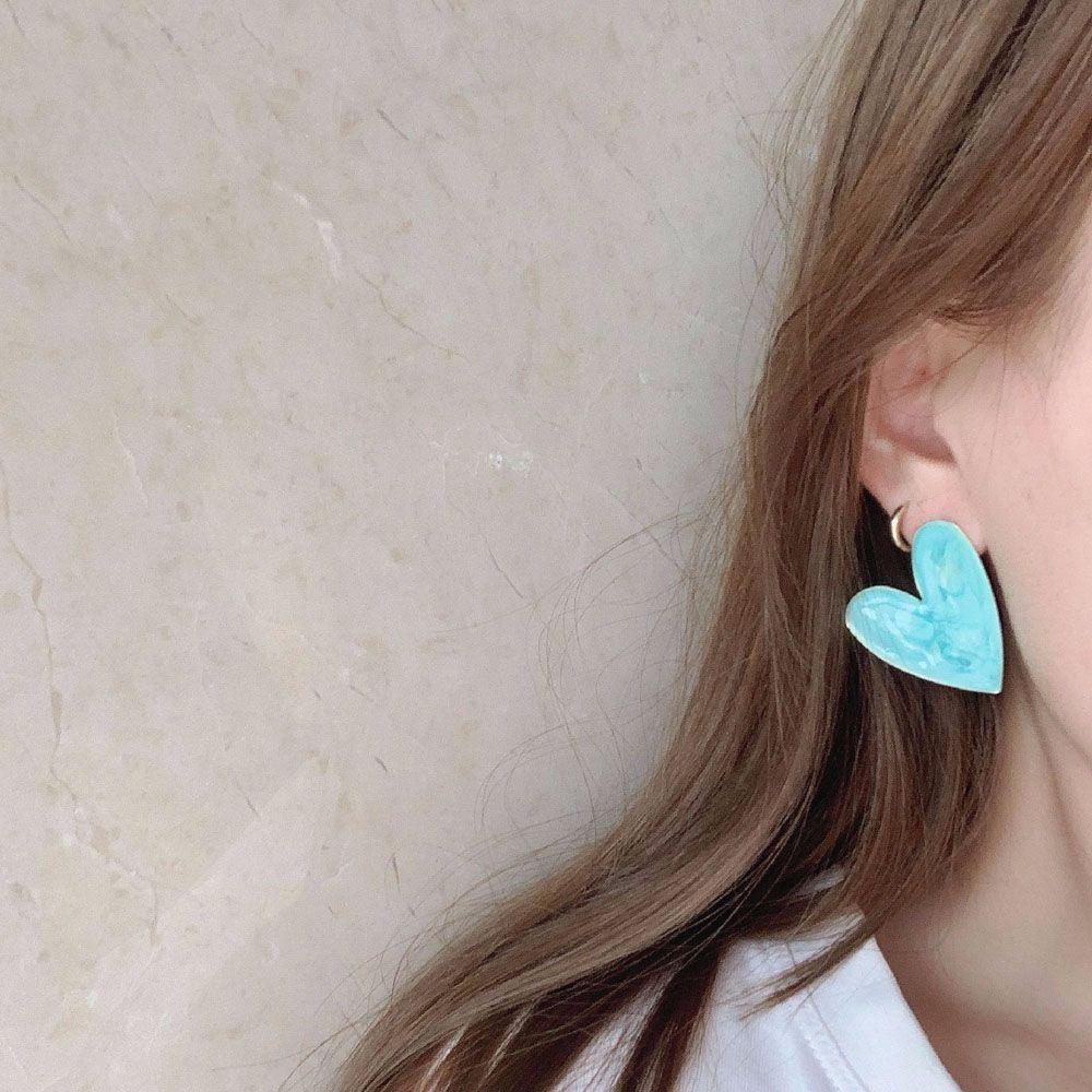 QQMALL Bông Tai Hình Trái Tim Lớn Màu Xanh Dương / Xanh Lá Dầu Vintage Ngọt Ngào