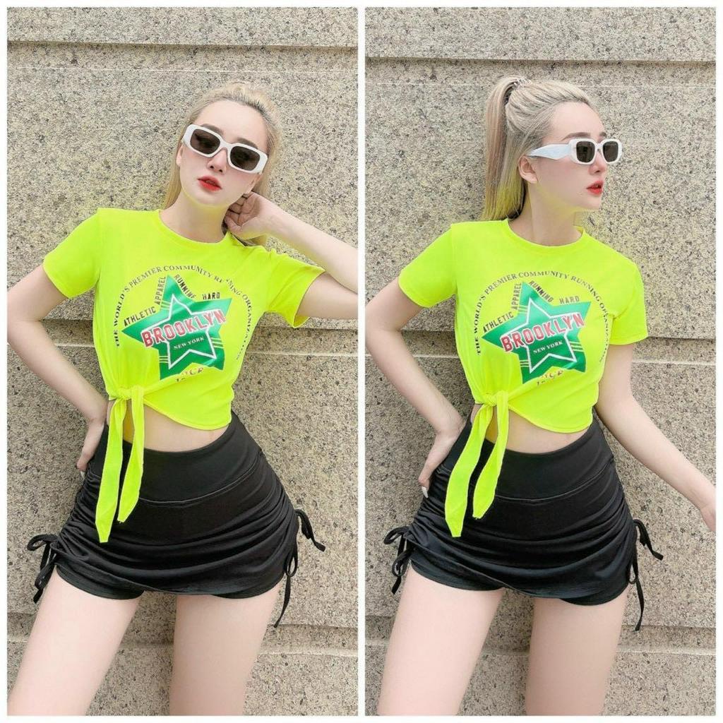 Đồ tập gym nữ,set áo croptop sao mix  chân váy rút dây nhảy aerobic, yoga,biểu diễn, đi bơi,đồng phục nữ