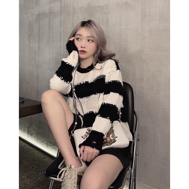 Áo Len Sweater Rách Kẻ Sọc Ngang Gấu Phối Rách Full Đen Trắng Tím Xám Hot Trend Mùa Đông