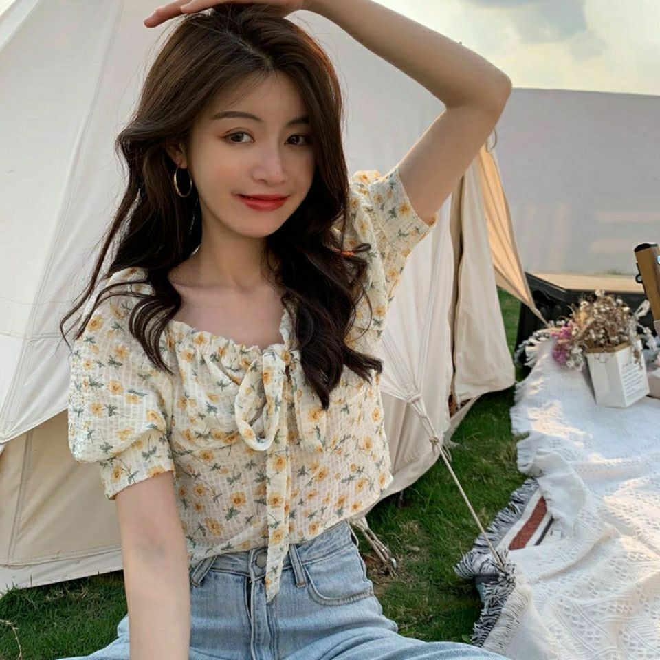 Áo Croptop Tay Phồng Ngắn In Hoa Kiểu Pháp Dễ Thương Cho Nữ