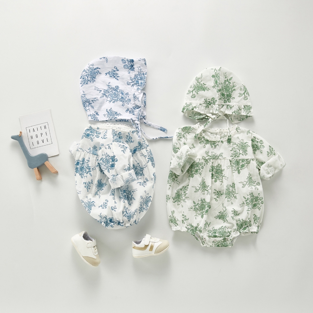 Autumn New Baby Girls Floral Cotton Romper With Hat