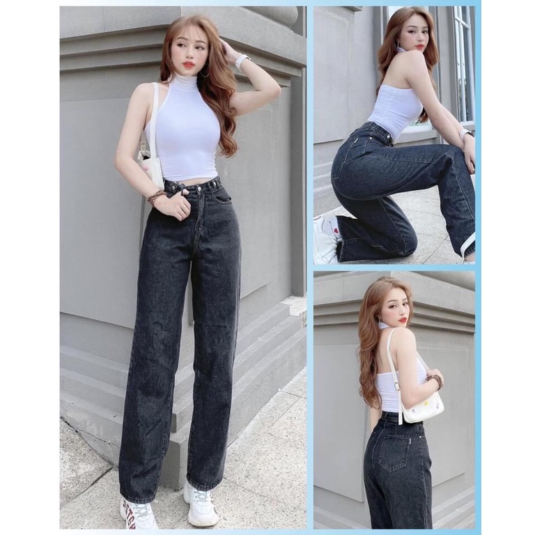 Quần jean nữ ống rộng ❤️ Cạp lưng cao màu xanh dáng ống suông chất bò dầy dặn trẻ trung LX41 | BigBuy360 - bigbuy360.vn