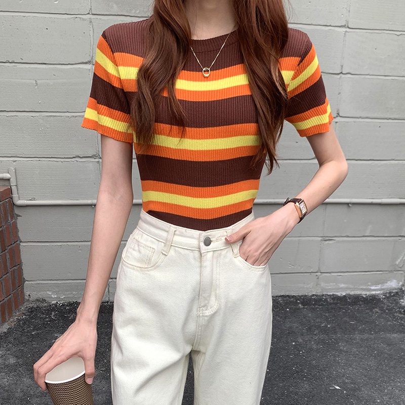 Áo Thun Dệt Kim Ngắn Tay Cổ Vuông Kẻ Sọc Thời Trang Trẻ Trung Áo Dệt Kim Ngắn Tay Cổ Tròn Họa Tiết Kẻ Sọc Nhiều Màu Thời Trang Mùa Hè Cho Nữ