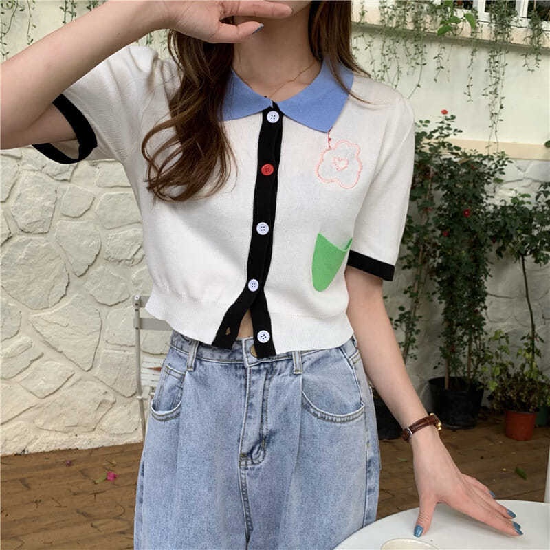 Áo Thun Polo Ngắn Tay Thêu Hoa Phong Cách Hàn Quốc Thời Trang Mùa Hè Mới 2021 | BigBuy360 - bigbuy360.vn