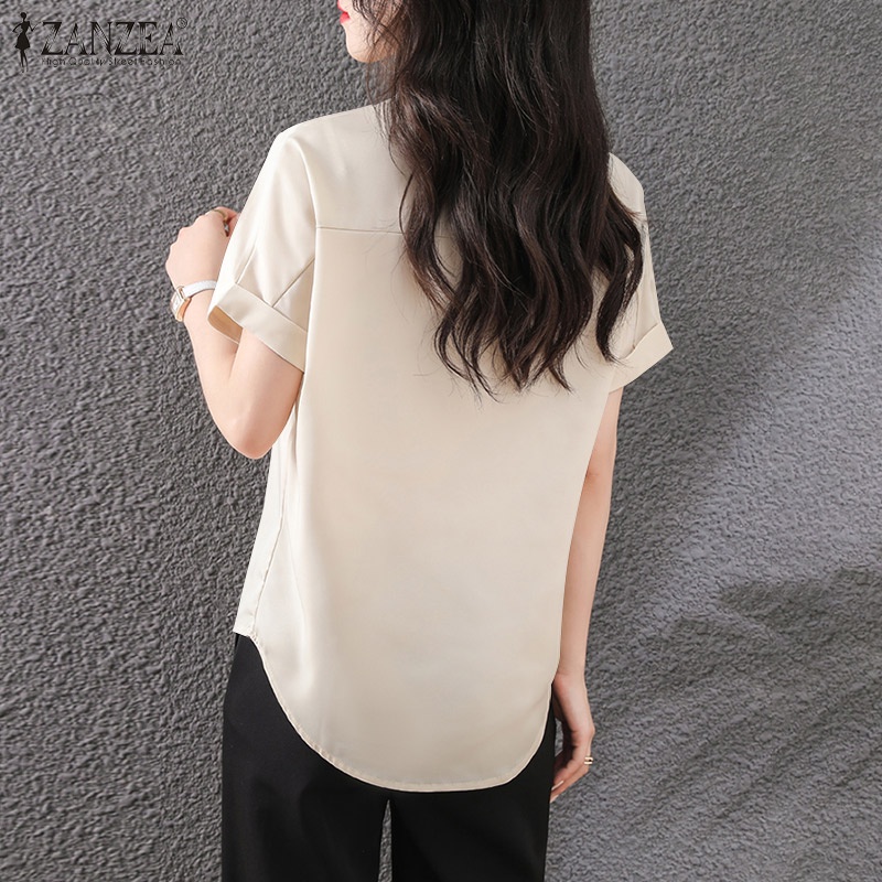 Zanzea Áo Sơ Mi Tay Ngắn Cổ Đứng Màu Trơn Phong Cách Hàn Quốc Thời Trang Cho Nữ
