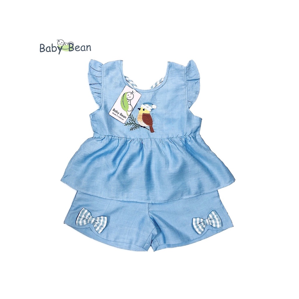 Bộ Đồ Đũi Chéo Lưng Đính Nơ thêu Chim Bé Gái BabyBean (10kg-35kg)