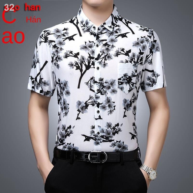 9Xu hướng in áo lụa băng dành cho nam giới trẻ và trung niên có túi thật mới của Gao Han cỡ lớn sơ mi ngắn tay ph