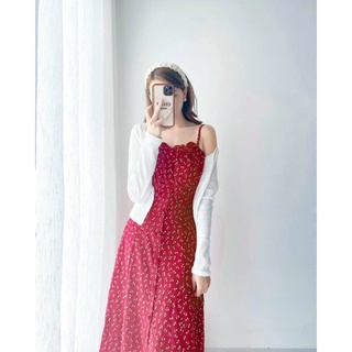 SET ĐẦM 2 DÂY HOA ĐỎ + KHOÁC TRẮNG