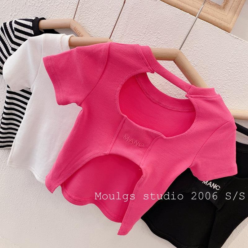 Áo Thun Cotton Tay Ngắn Hở Lưng Họa Tiết Kẻ Sọc Phong Cách Hàn Quốc Cho Bé Gái