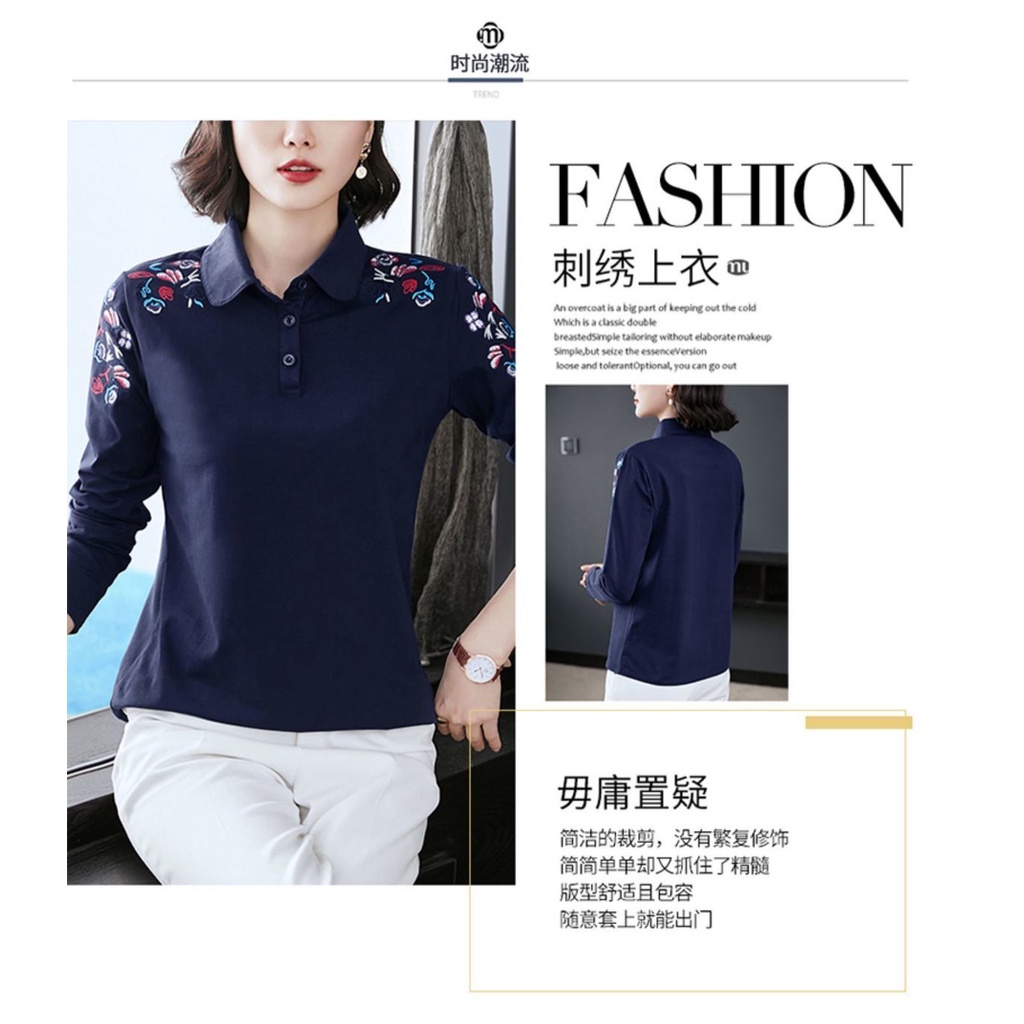Áo polo 100% cotton Tay Dài Thêu Họa Tiết Thời Trang Mùa Thu Dành Cho Nữ Trung Niên 2022
