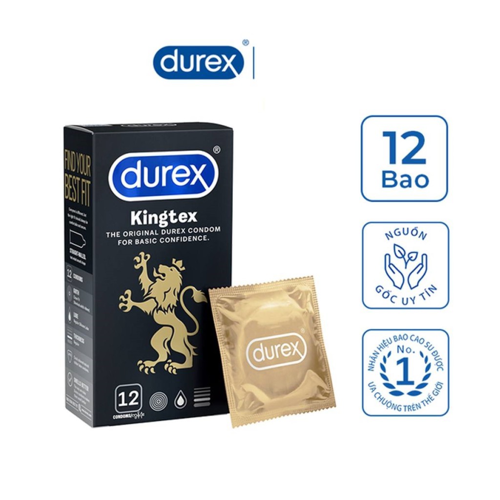 Bao cao su Durex Kingtex size 49 ôm khít vừa vặn - Hộp 12 bao Tặng 1 Hộp Super Gold 2 Cái