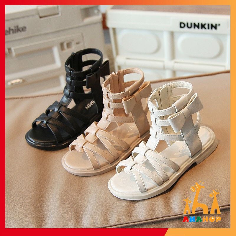 Sandal cao cổ trẻ em, Giày chiến binh phối Nơ quai chéo xinh xắn chất da mềm chống trơn mẫu mới nhất cho bé gái MG6001