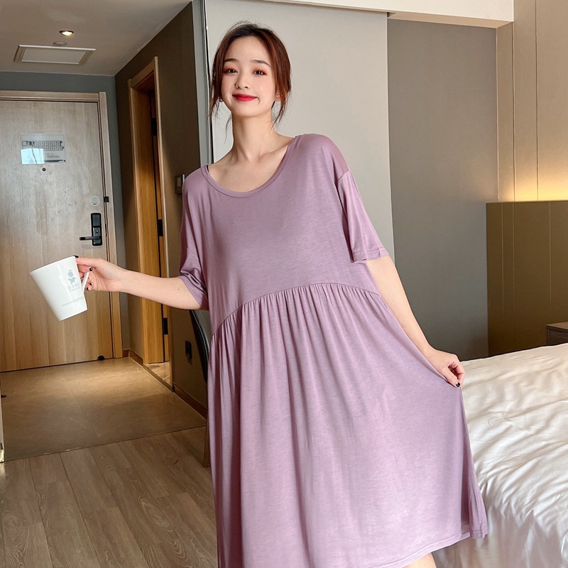 Đồ ngủ Dáng Rộng Tay Ngắn Cổ Tròn Màu Trơn Thời Trang Cho Nữ