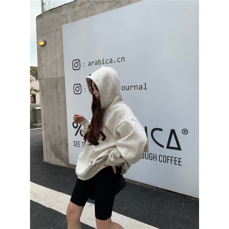 Áo khoác hoodie dáng rộng màu xám phong cách đường phố Hàn Quốc 2021 cho nữ
