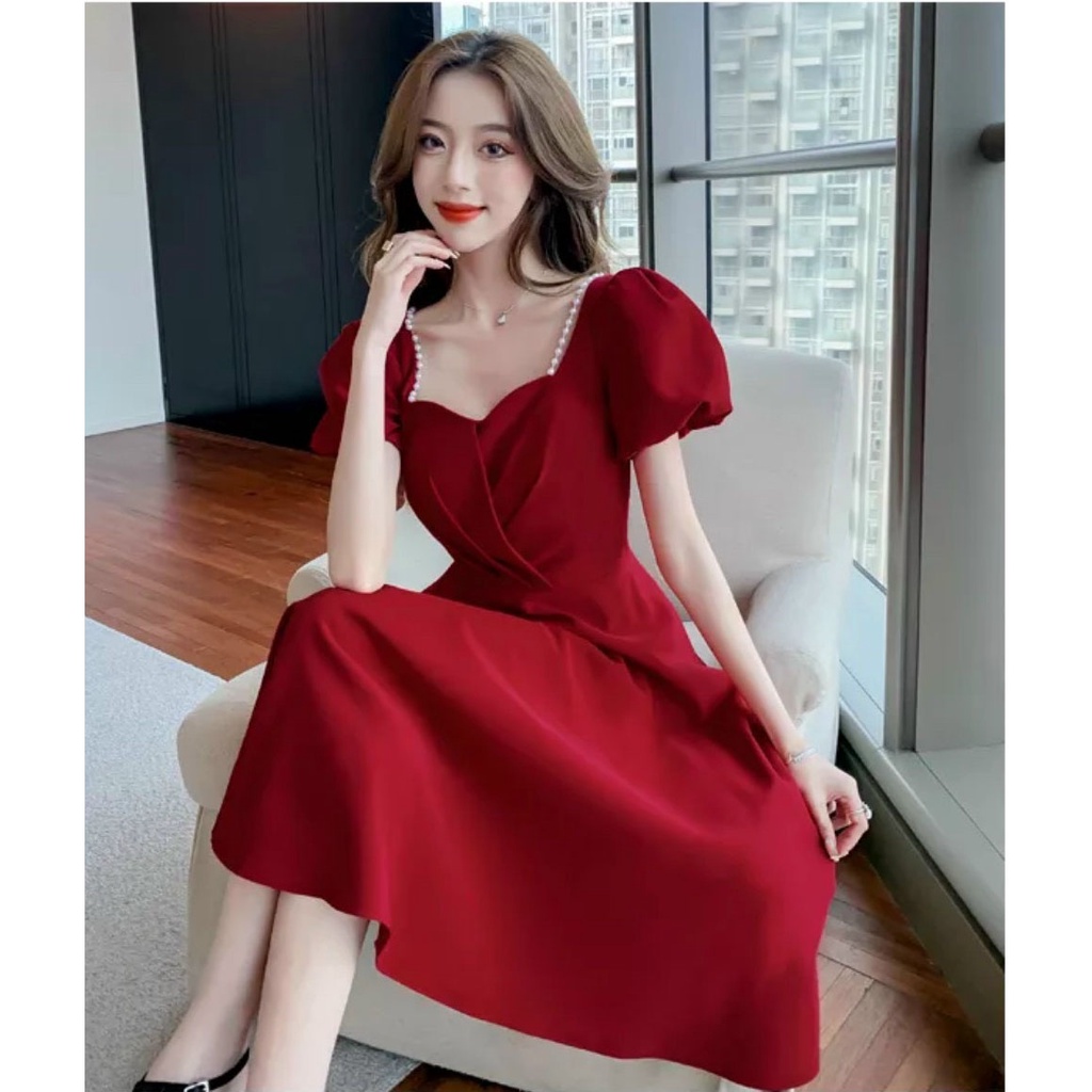Đầm Nữ Tay Phồng Kết Cườm Dọc Vai Xếp Ly Cao Cấp Thời Trang Nữ Sam Closet Free Size 40-55kg