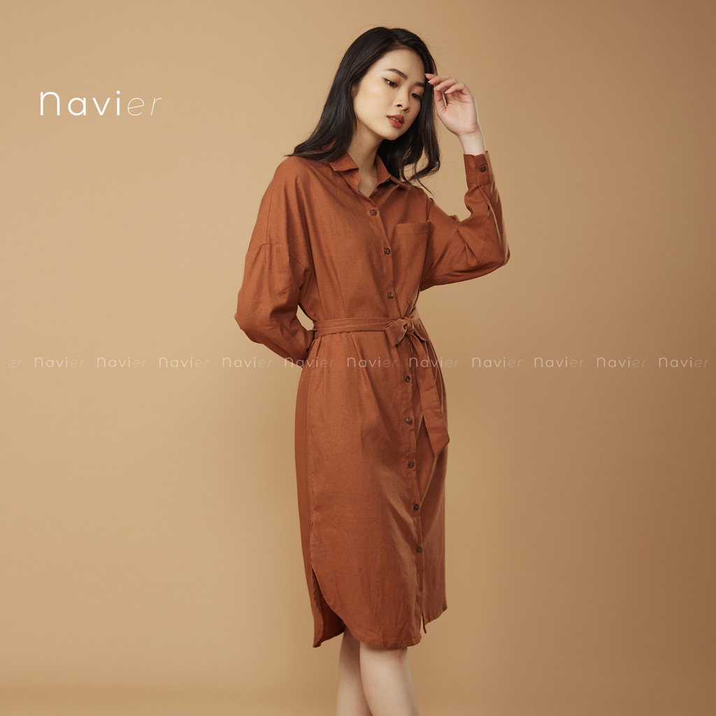 ĐẦM SƠ MI NỮ DÁNG DÀI SUÔNG KÈM DÂY ĐAI PHONG CÁCH ULZZANG - LINEN SHIRT DRESS D03 NAVIER | BigBuy360 - bigbuy360.vn