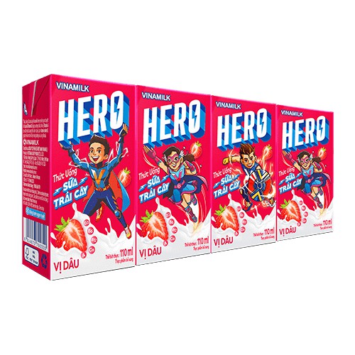 |NOWSHIP| SỮA TRÁI CÂY HERO DÂU, CAM, KẸO NHO - 1 LỐC 4 HỘP X 110ML