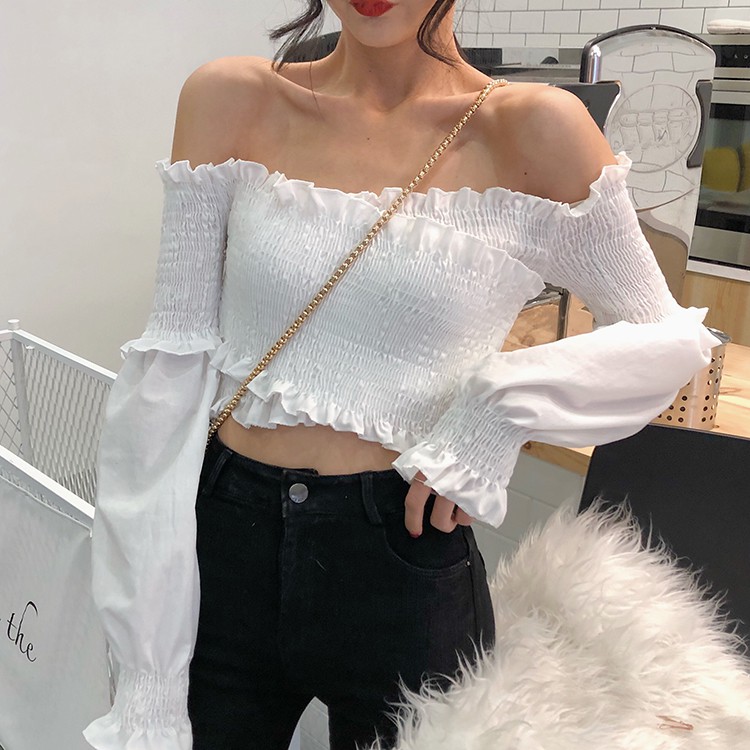 Áo bẹt vai hở vai gợi cảm thả ren chéo vai tay dài croptop ulzzang ( 3 màu )