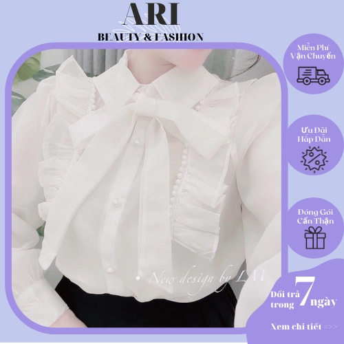 Áo sơ mi cổ vest form rộng tay dài chất voan thô xước, Áo sơ mi form rộng viền đính ngọc cổ nơ buộc khuy ngọc siêu xinh