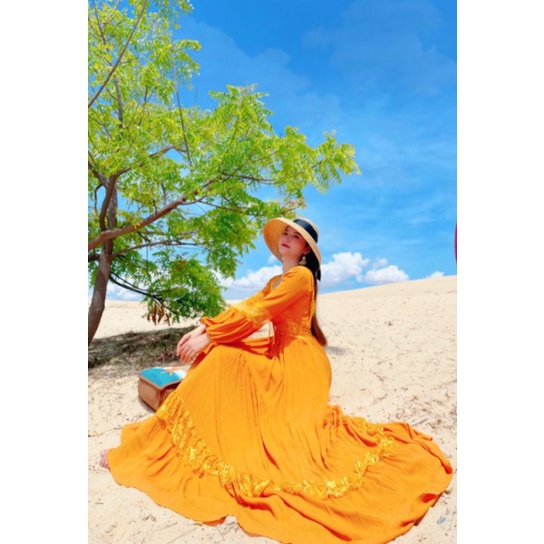 HOANGYEN - Đầm Skies Dress chất đũi tay dài vintage màu vàng
