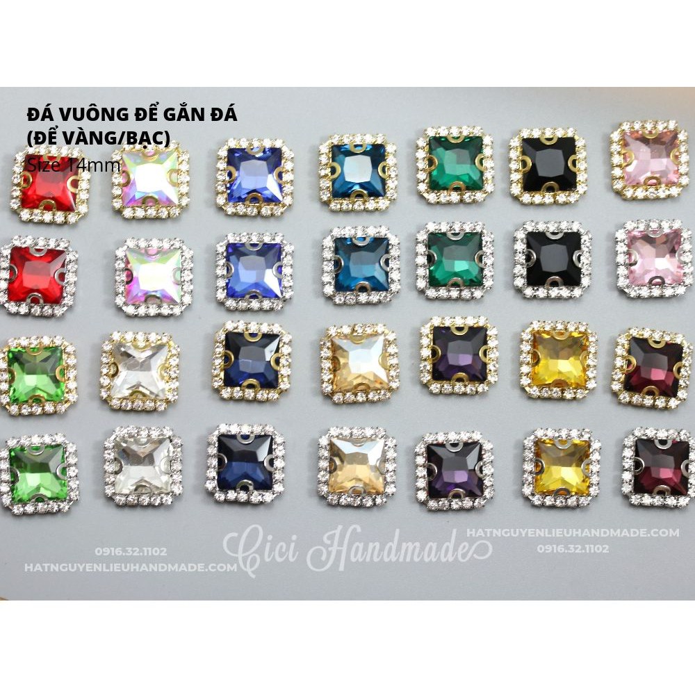 Hạt đá vuông đế vàng/đế bạc viền đá trắng size 12mm Cici Handmade hạt cườm hạt đá trang trí nguyên liệu tự làm