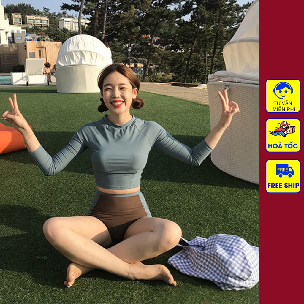 Bộ đồ Bikini đi biển 2 mảnh dài tay kín đáo, chất vải real.