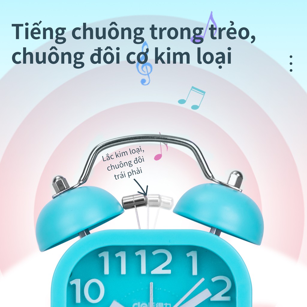 Đồng hồ báo thức để bàn vuông Deli - Chuông đôi kêu siêu to - Chống ồn - Thiết kế đơn giản, nhiều màu sắc chọn lựa -9035