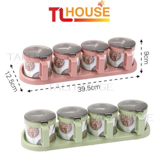 Bộ 4 hũ thủy tinh gia vị PinCai nắp lật có tay cầm kèm kệ đáy 3221 – TALI HOUSE