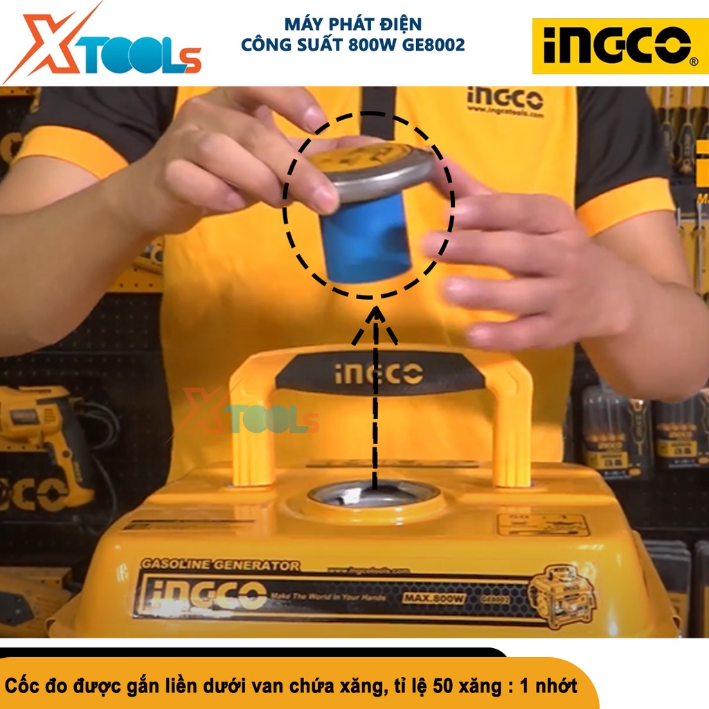 Máy phát điện mini INGCO GE8002 Máy phát điện động cơ xăng Nguồn điện ra: 220V - 240V / 50Hz / 1 pha, công suất 0.8KW