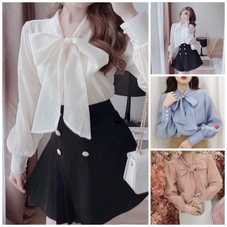 Áo sơ mi tay bồng cổ nơ_áo sơ mi khuy ngọc tay bồng_G009