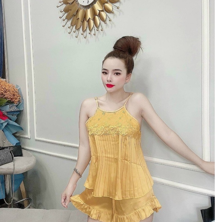 Đồ ngủ sexy / Áo yếm 2 dây dập ly phối ren, chất liệu lụa satin cao cấp, freesize dưới 65kg, kèm quần bèo gợi cảm Sexy_G | BigBuy360 - bigbuy360.vn