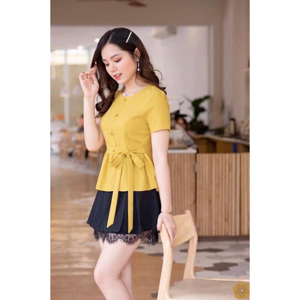 Áo kẻ peplum tay ngắn