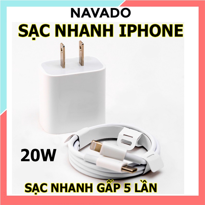 Bộ sạc nhanh iphone 20W Củ sạc dây sạc iphone cáp Type C sang to Lightning USB-C công nghệ PD 20W NAVADO