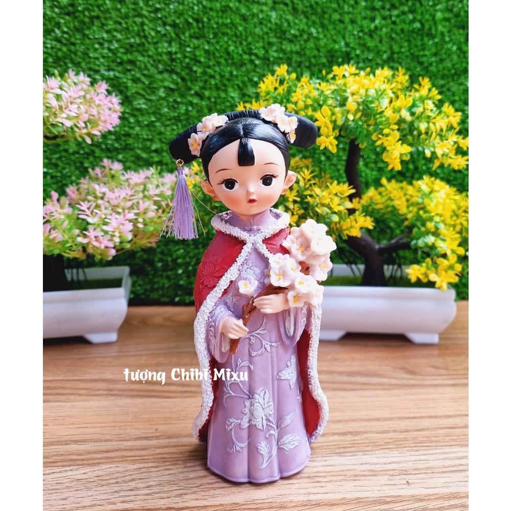 Tượng chibi thiếu nữ cầm nhành hoa cổ trang 3D