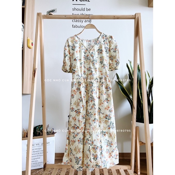 Váy Đầm Babydoll Hoa Nhí Vintage Cổ Tim Tay Lửng Chất Đũi Thô Xinh