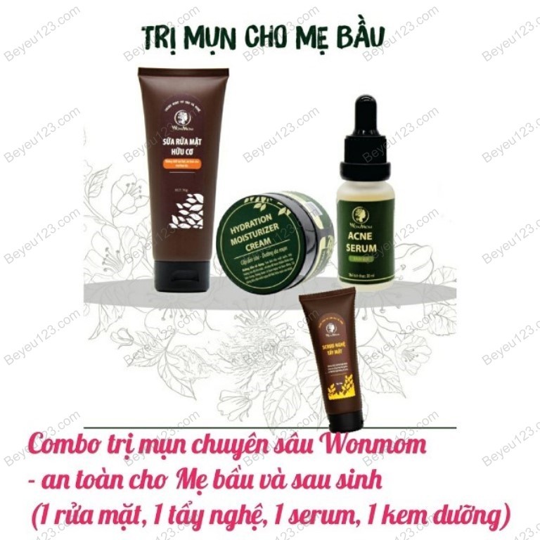 Combo Giảm mụn chuyên sâu Wonmom - an toàn cho Mẹ bầu và sau sinh (1 sửa mặt, 1 tẩy nghệ, 1 serum, 1 kem dưỡng)