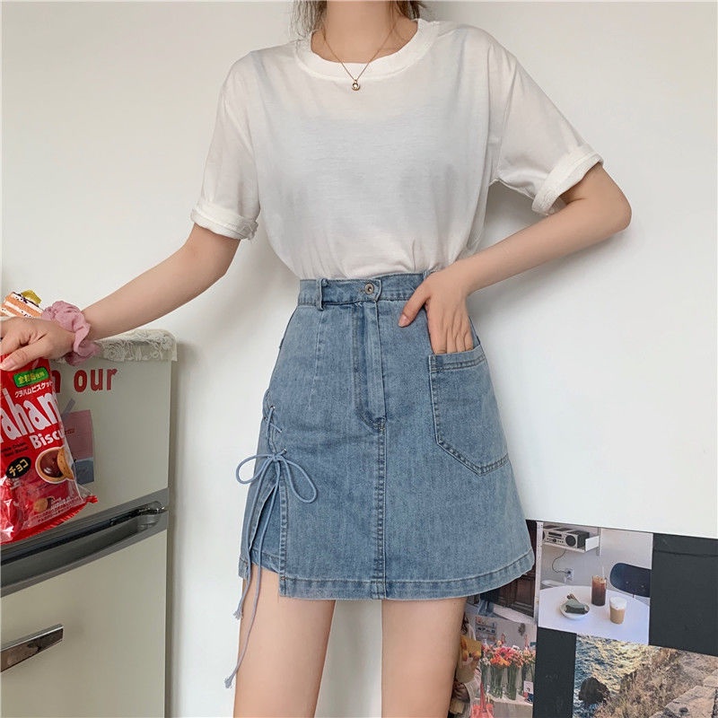 Quần giả váy bò jean ngắn hai lớp cách điệu xẻ tà đan dây phá cách