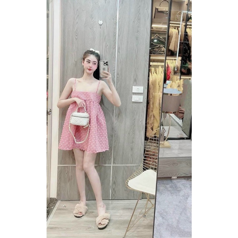 Đầm Voan Lông Vũ BBD Hai Dây - Form Babydoll Suông Rộng Thoải Mái - Tiểu Thư Bánh Bèo Cute
