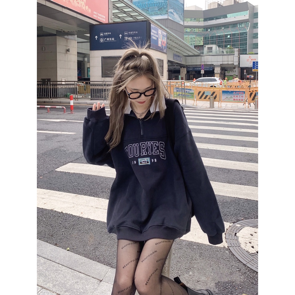 Áo sweater tay bồng khóa cổ FOURYES dáng rộng unisex/ Áo nỉ thu đông in họa tiết chữ trẻ trung năng động_Nano Ulzzang | BigBuy360 - bigbuy360.vn