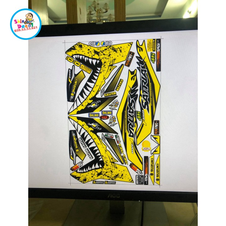 Tem xe satria fi cá mập dán xe đen