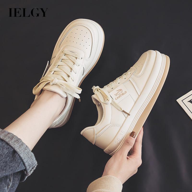 Giày thể thao IELGY bằng da sợi nhỏ đế dày cổ thấp màu trắng hợp thời trang cho nữ
