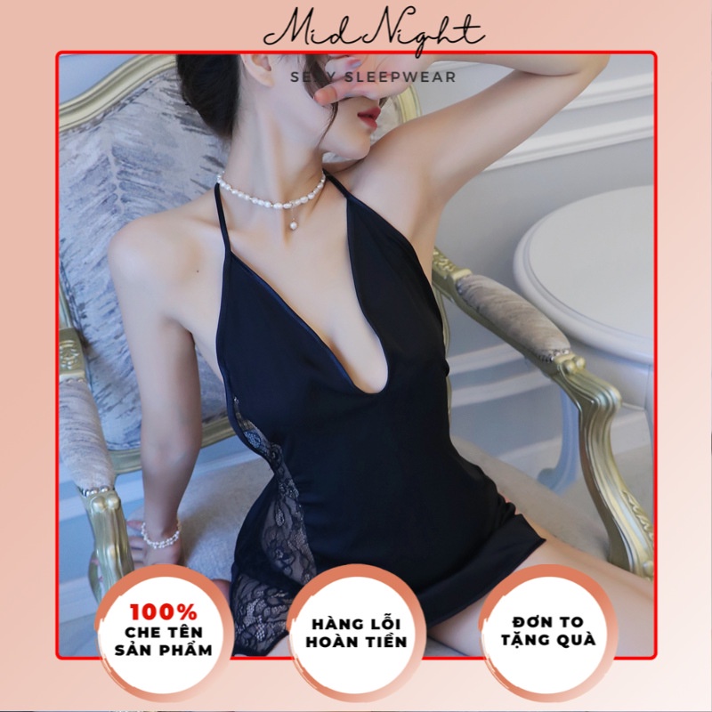 Váy Ngủ Sexy Chất Liệu Ren Dây Đeo Cổ - Đồ Lót Gợi Cảm Trong Suốt Đầy Cám Dỗ Mid Night Sexy